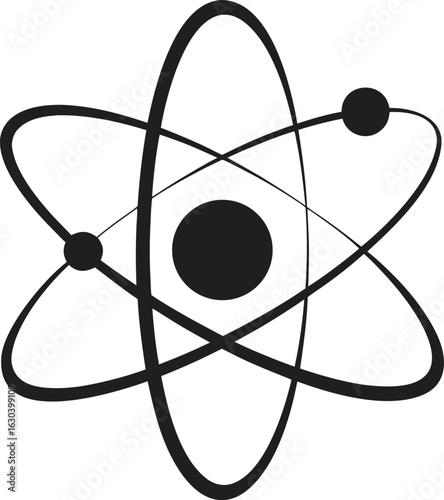 A Black atomic structure icon. Science, chemistry, physics, molecule, electron, nuclear energy vector illustration