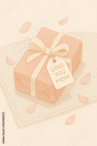 A pink box with a white bow on it and a tag that says 