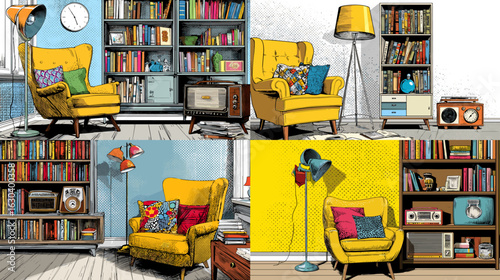 Cozy retro living room interiors with bookshelves, lamps, armchairs, and vintage radios in colorful hand-drawn style, perfect for home design visuals.

