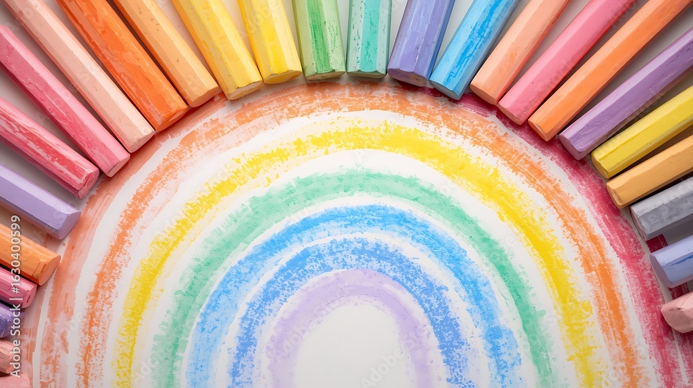 Obraz premium A rainbow drawing with chalk sticks arranged around it in a semi circle on a white background