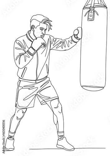 Continuous line art of a boxer punching a heavy bag during training.