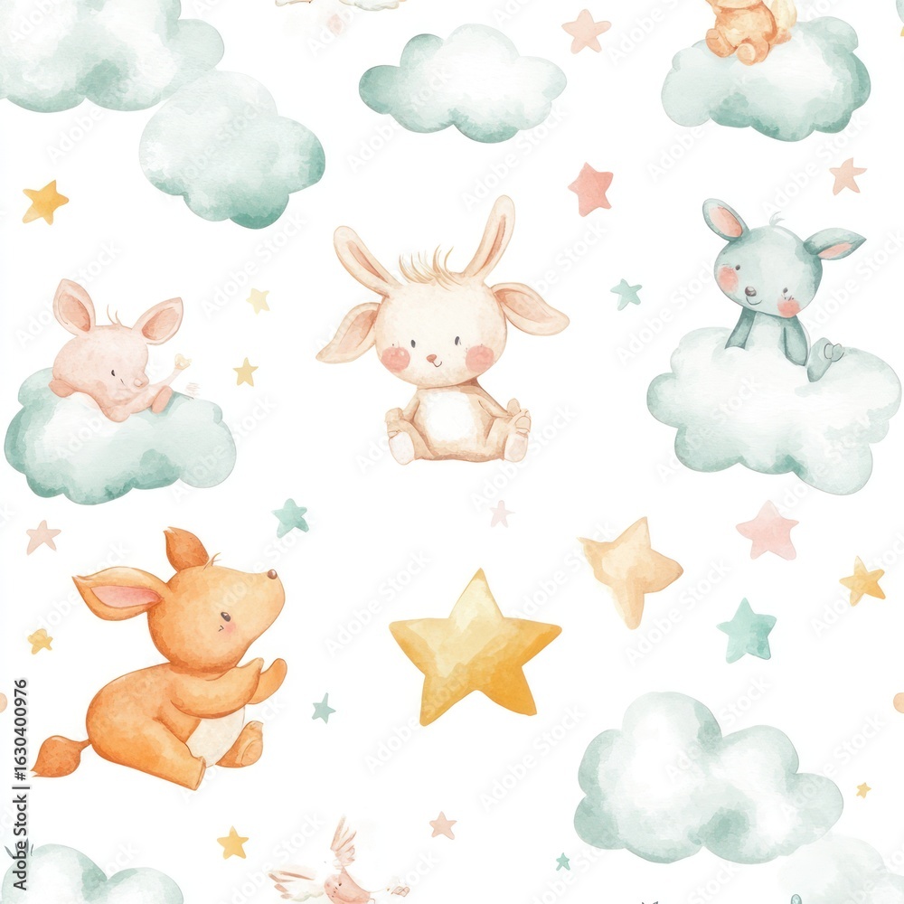 Fototapeta premium Cute bunnies and clouds, pastel colors, seamless pattern