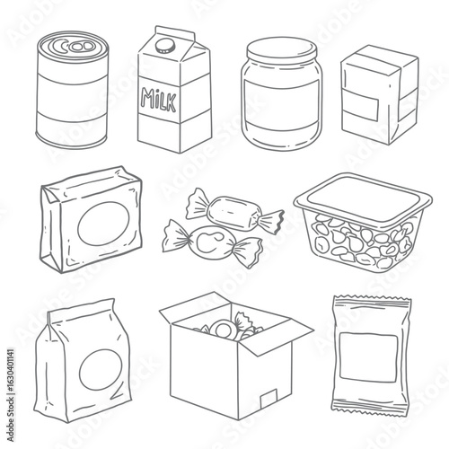 Hand Drawn Outline Icons of Various Food Packaging and Candies Keywords: food, packaging, container, can, milk carton, jar, box, bag, candy