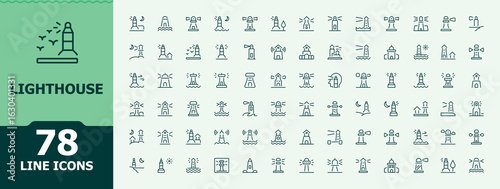Lighthouse line icon collection. Contains related to searchlight, navigation, coastal, house, light, tower and more. Coastal icon collection. Minimal thin line web icons set. Editable vector art.
