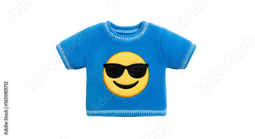 Blue t shirt with a cool emoji wearing sunglasses isolated on transparent background
