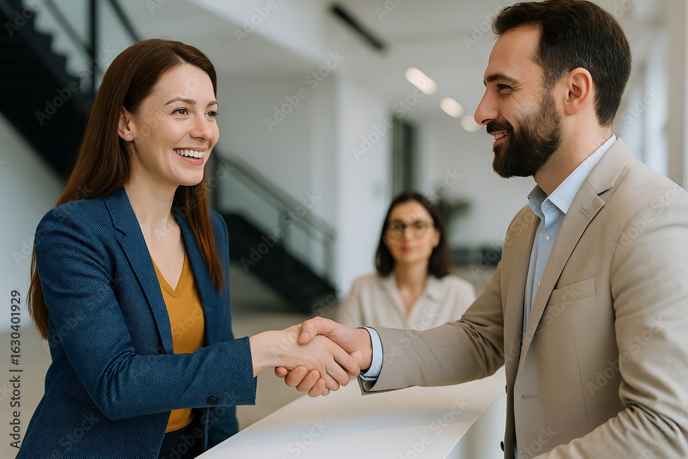 custom made wallpaper toronto digitalCordial Business Encounter A Man and Woman Shake Hands in a Modern Office with Another Woman Present