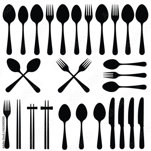 Black silhouette collection of cutlery and chopsticks on white background