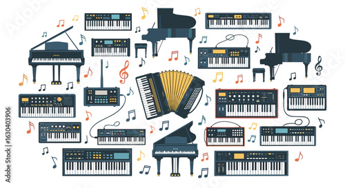 A diverse collection of musical instruments featuring pianos keyboards and accordions amidst scattered musical notes