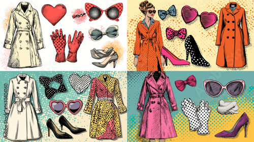 Retro women’s fashion collection with coats, gloves, heels, sunglasses, and accessories in vibrant comic-style hand-drawn illustrations.

