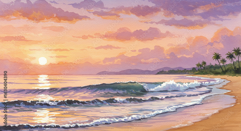 Obraz premium Watercolor Beach Waves at Sunset in Tropical Serenity