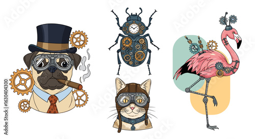 Whimsical steampunk animals featuring a pug cat beetle and flamingo in vintage aviator gear