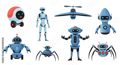 Collection of various futuristic robot characters and mechanical creatures in bright colors and playful styles