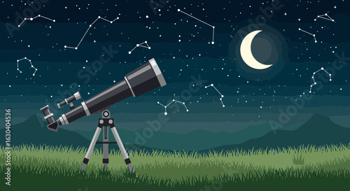 Nighttime Astronomy With A Telescope Under Crescent Moon