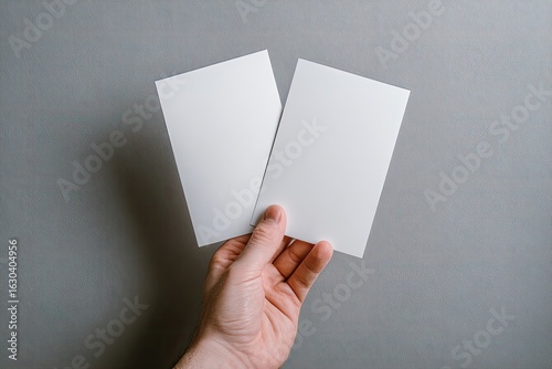 A hand holds two blank, white cards against a gray background