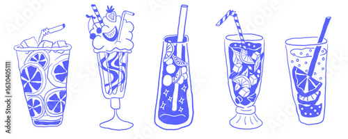 cocktail glasses set in hand drawn style in vector. Elements for design advertisement stickers posts poster print postcard banner menu decor backgrounds