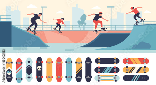 Dynamic illustration of skateboarders performing tricks in a vibrant skatepark with a collection of diverse skateboards shown below