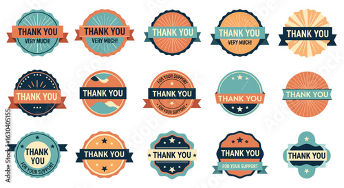 Collection of vintage thank you badges and labels for appreciation and gratitude expressing