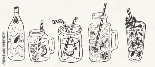 summer drinks set in hand drawn style in vector. Elements for design advertisement stickers posts poster print postcard banner menu decor backgrounds