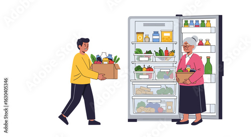 Young man helps elderly woman with groceries bringing food to her open refrigerator filled with fresh produce and healthy items