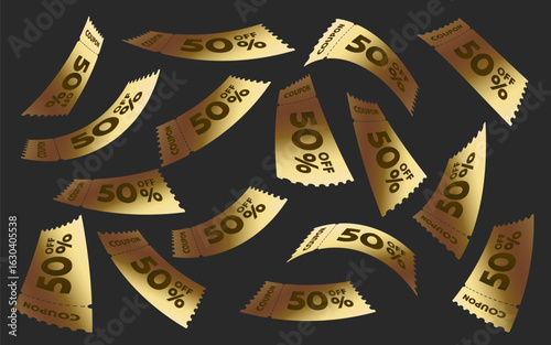 Golden coupons with percentage fly away on black background. Vector illustration