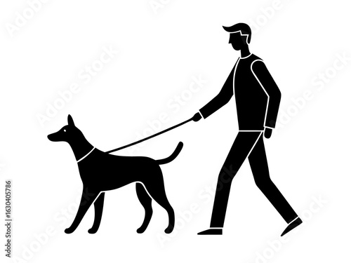 Black Silhouette of a Man Walking a Dog on a Leash, Minimalist Vector Illustration on White Background