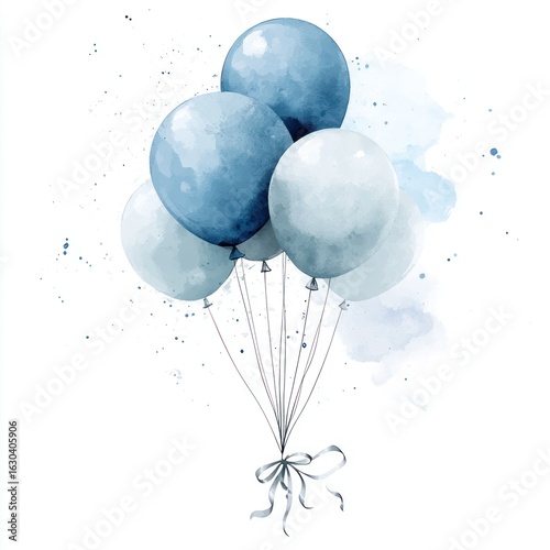 Watercolor-style bunch of light blue and gray balloons tied with a ribbon