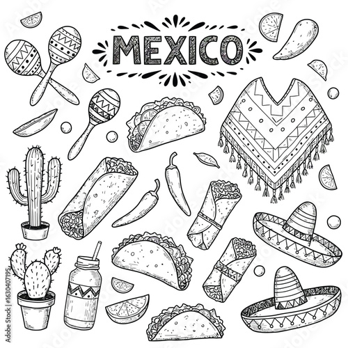 Mexican Food and Cultural Icons Hand Drawn Sketch Keywords: mexico, mexican, food, culture, cinco de mayo, cinco de mayo celebration, taco
