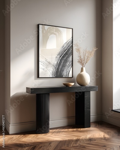 Abstract art on console table, sunlit room, interior design