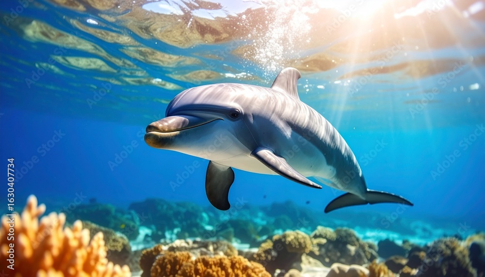 Fototapeta premium Dolphin Swimming in Sunlit Blue Ocean