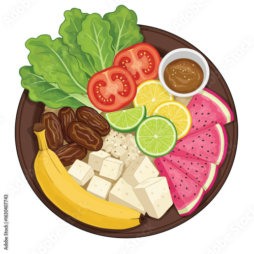 Healthy food bowl with fruits vegetables and tofu healthy eating