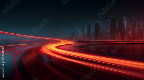 vector red light line with futuristic motion effect and abstract automobile blur, glowing trail and beam streak in city design, dynamic disco background for speed illustration and night road.