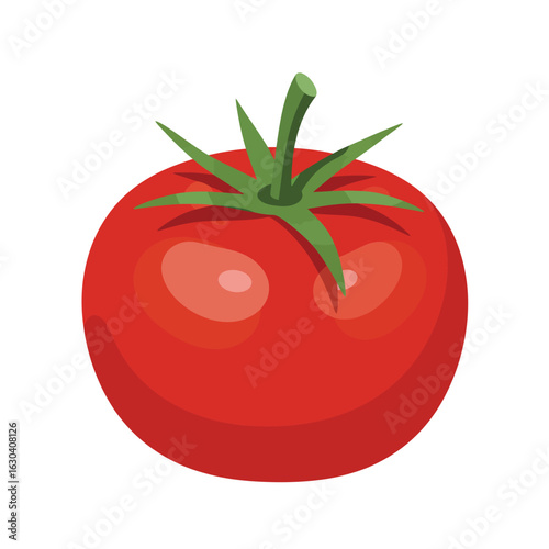 Ripe red tomato with green stem and leaves on a white background