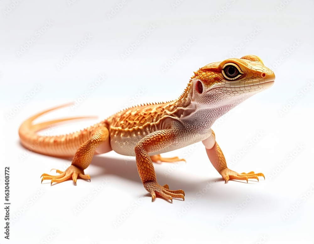 Obraz premium Bright orange and beige colored gecko lizard with large eye on a white background, close-up of reptile with textured skin and curved tail