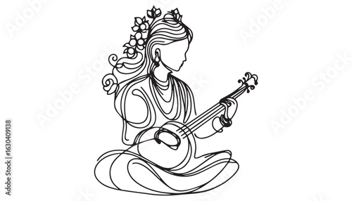 Continuous one single minimal line drawing Saraswati