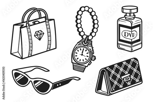 Collection of Luxury Fashion Accessories and Perfume Bottle.