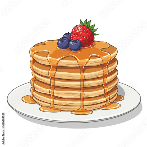 Stack of golden brown pancakes drizzled with syrup and topped with berries