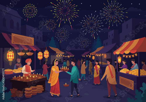 Vibrant Indian festival celebration at a night market with people, traditional diyas, and fireworks. A concept of community and tradition.