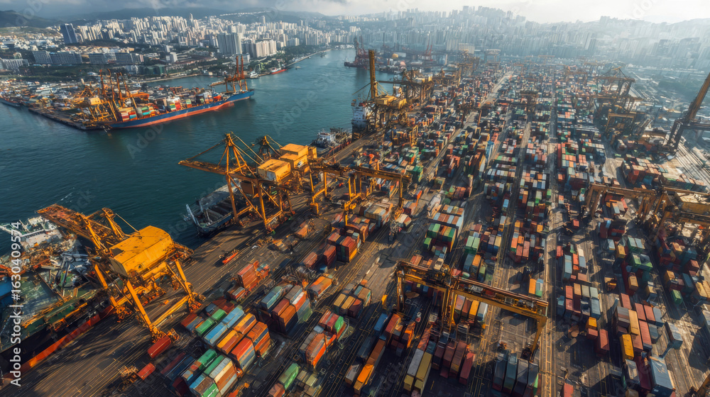 Obraz premium Aerial view of a busy shipping port with numerous colorful containers stacked neatly, cranes operating, and ships docked, showcasing the logistics and maritime industry