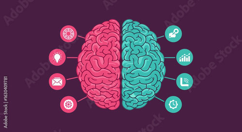 Brain Hemispheres With Different Functions Represented by Icons