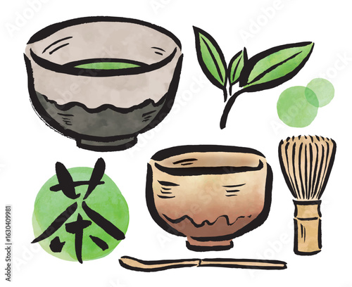 抹茶と茶筅と茶葉の筆と水彩画