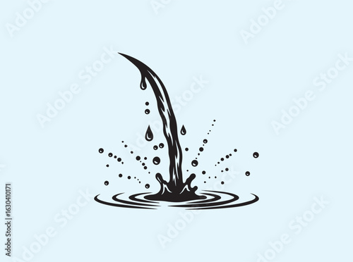 Flat silhouette vector of waterfall with pristine droplets and mist in motion