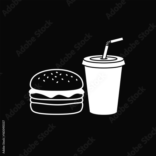 White Icon of Burger and Drink on Black Background