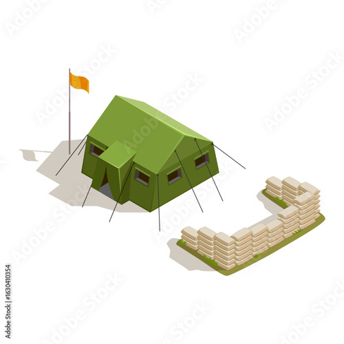 Green military tent with sandbag fortification vector illustration.