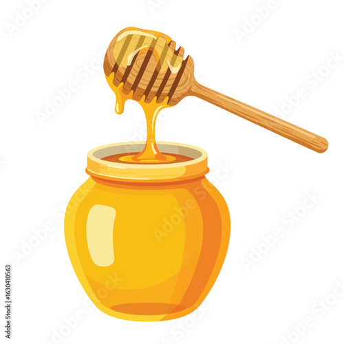 Honey Pot with Wooden Dipper and Dripping Honey vector
