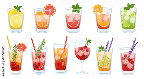 A collection of illustrated fruity drinks in various glasses.

