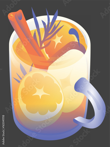 Flat vector illustration of a glass of mulled wine with spices and fruit slices. Warm, cozy design with minimal shapes and rich colors. Perfect for winter holiday themes, Christmas graphics