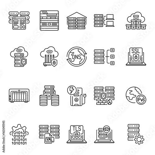 Self hosting black line icons set. Vector isolated element