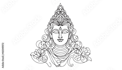 Continuous one single minimal line drawing lord shiva