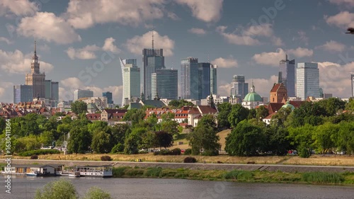 sunny day warsaw city famous riverside downtown cityscape panorama timelapse 4k poland