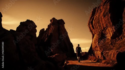 Dramatic Martian Landscape Featuring Jagged Red Rock Formations under a Copper Sky, Evoking a Sense of Isolation and Exploration Amidst